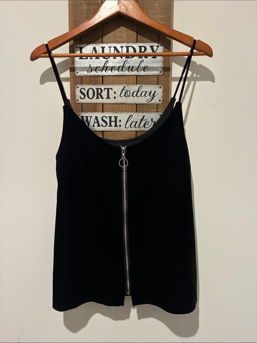 7 For All Mankind Black Velvet Zip-Front Camisole with Ring Pull